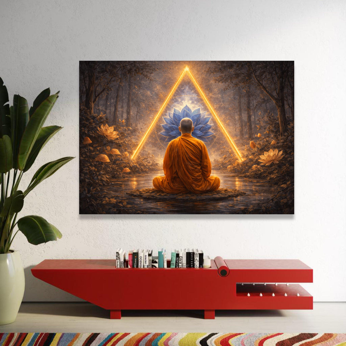 Meditating Monk Forest, Glowing Triangle Canvas, Blue Lotus Flower Wall Art, Spiritual Zen Canvas Decor, Tranquil Nature Luxury Home Decor