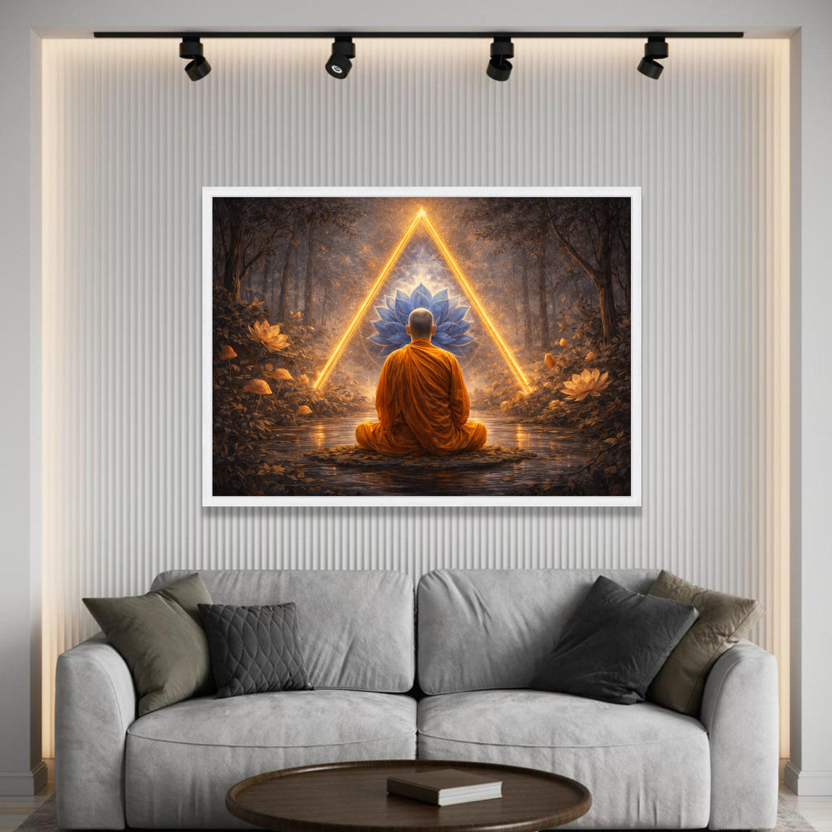 Meditating Monk Forest, Glowing Triangle Canvas, Blue Lotus Flower Wall Art, Spiritual Zen Canvas Decor, Tranquil Nature Luxury Home Decor