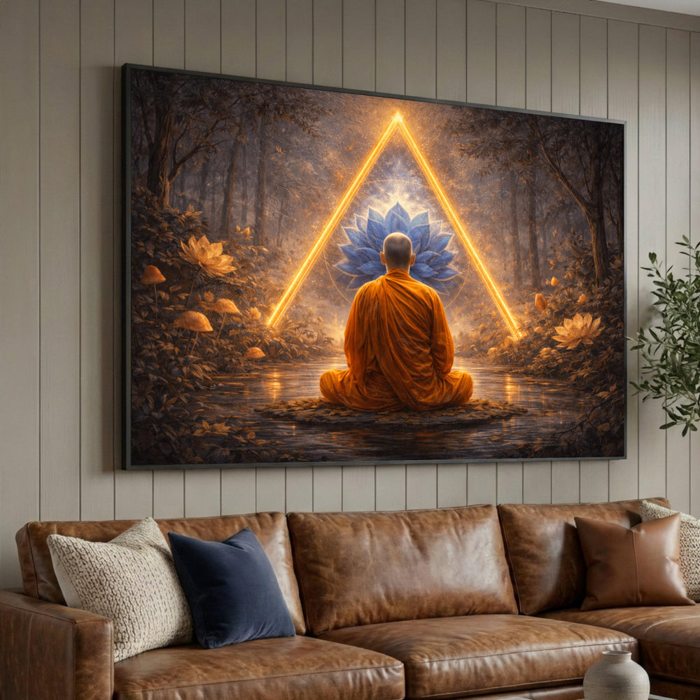 Meditating Monk Forest, Glowing Triangle Canvas, Blue Lotus Flower Wall Art, Spiritual Zen Canvas Decor, Tranquil Nature Luxury Home Decor