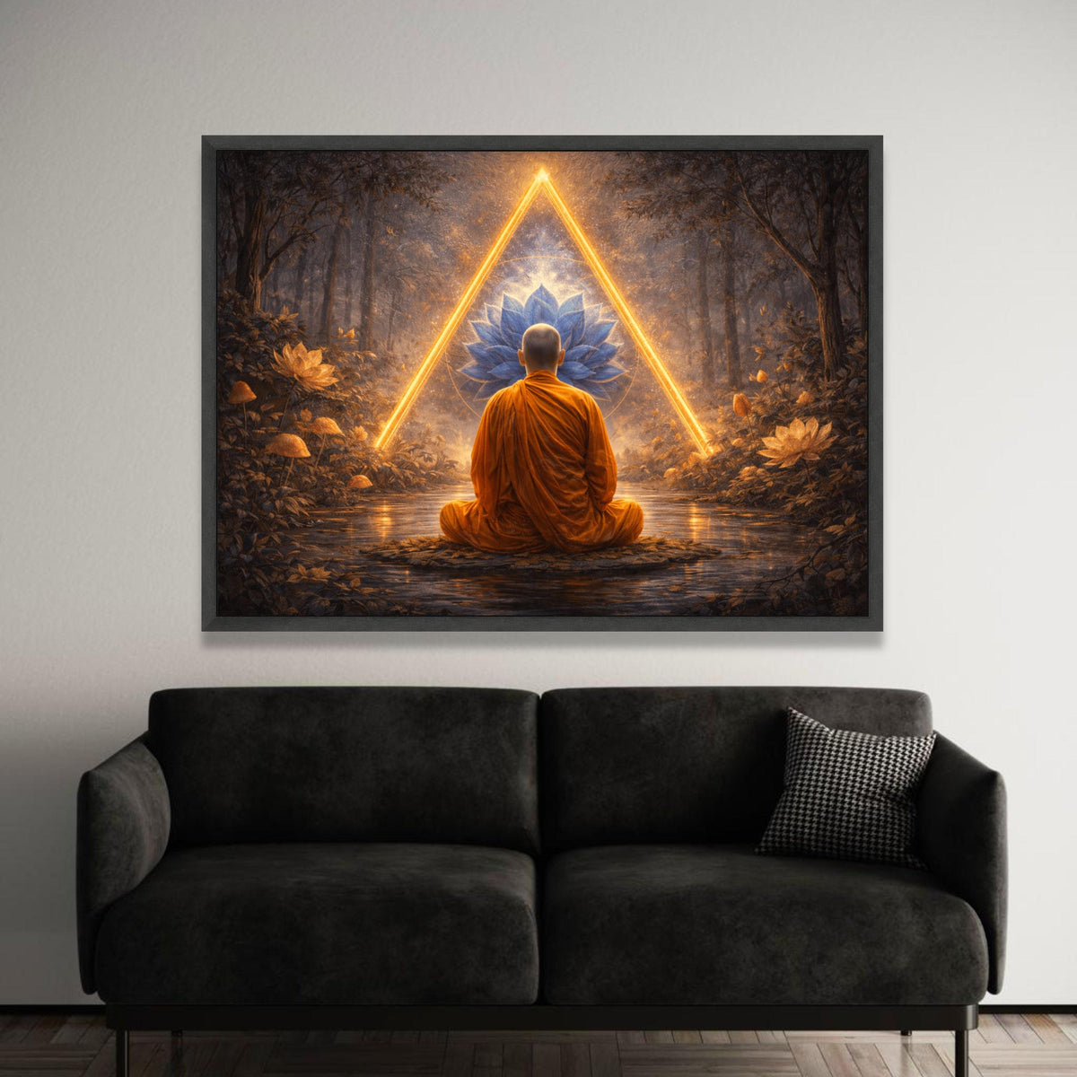 Meditating Monk Forest, Glowing Triangle Canvas, Blue Lotus Flower Wall Art, Spiritual Zen Canvas Decor, Tranquil Nature Luxury Home Decor