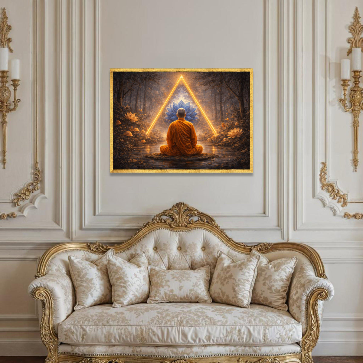 Meditating Monk Forest, Glowing Triangle Canvas, Blue Lotus Flower Wall Art, Spiritual Zen Canvas Decor, Tranquil Nature Luxury Home Decor