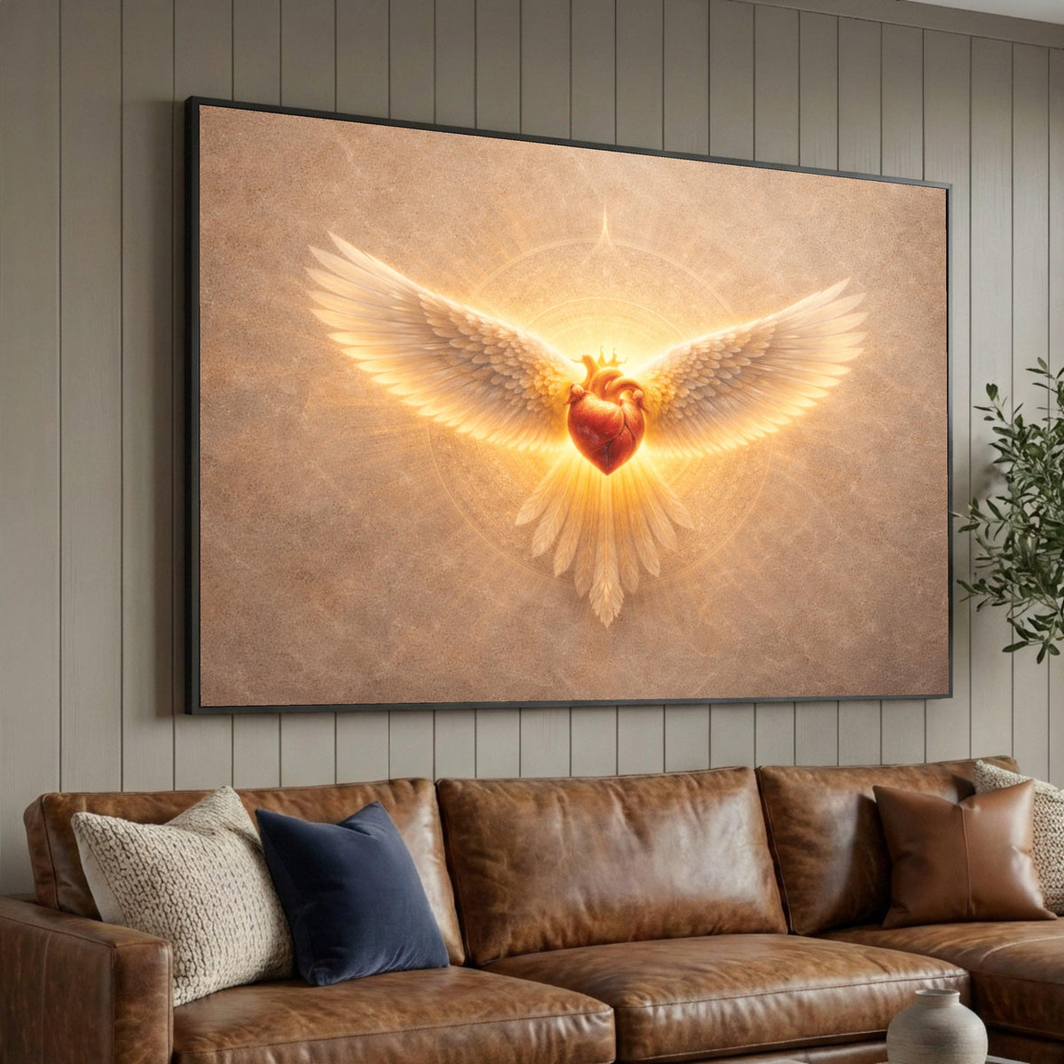 Radiant Heart with Wings Canvas, Spiritual Wall Art, Angelic Heart Design, Glowing Sacred Symbol Canvas, Modern Luxury Home Decor