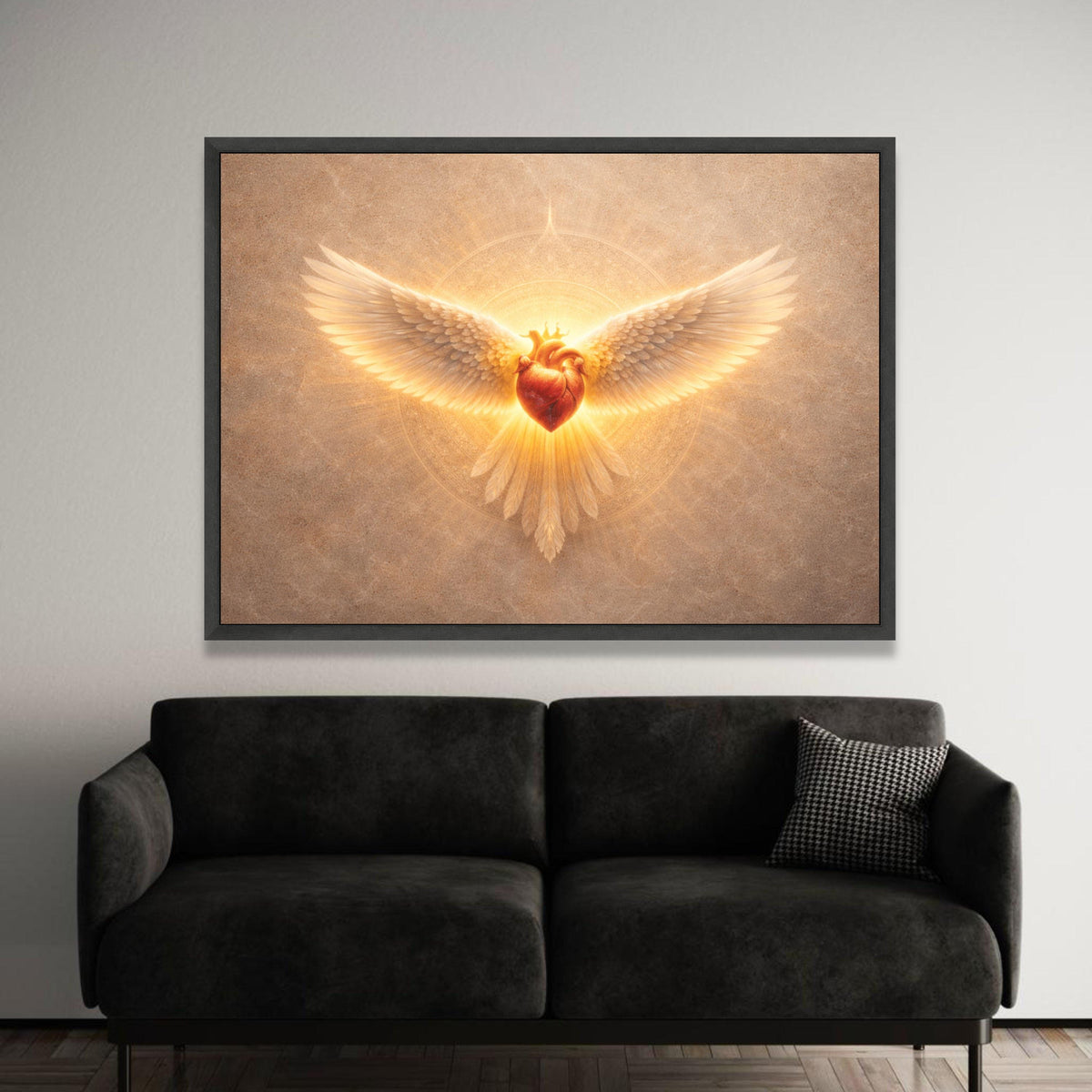 Radiant Heart with Wings Canvas, Spiritual Wall Art, Angelic Heart Design, Glowing Sacred Symbol Canvas, Modern Luxury Home Decor