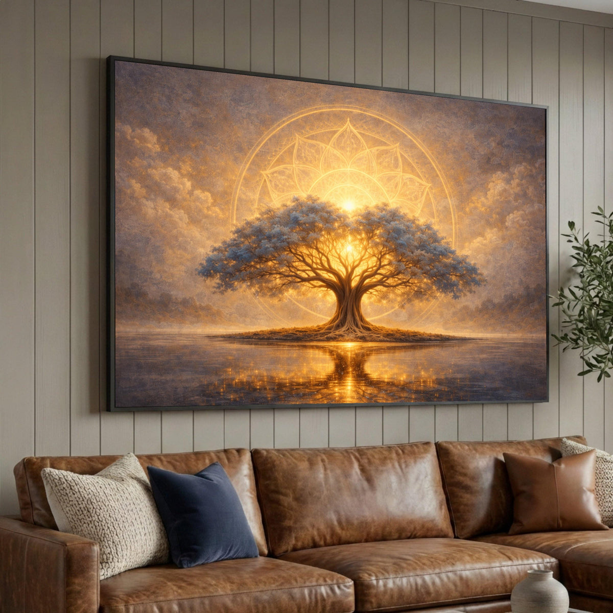 Glowing Tree of Life Canvas, Spiritual Mandala Wall Art, Illuminated Nature Scene, Mystical Landscape Canvas, Meditation Luxury Home Decor