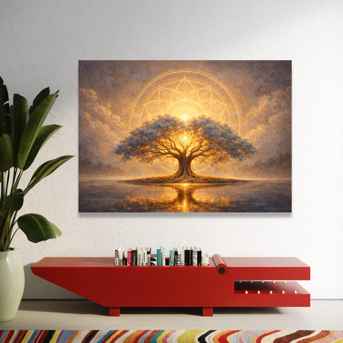 Glowing Tree of Life Canvas, Spiritual Mandala Wall Art, Illuminated Nature Scene, Mystical Landscape Canvas, Meditation Luxury Home Decor