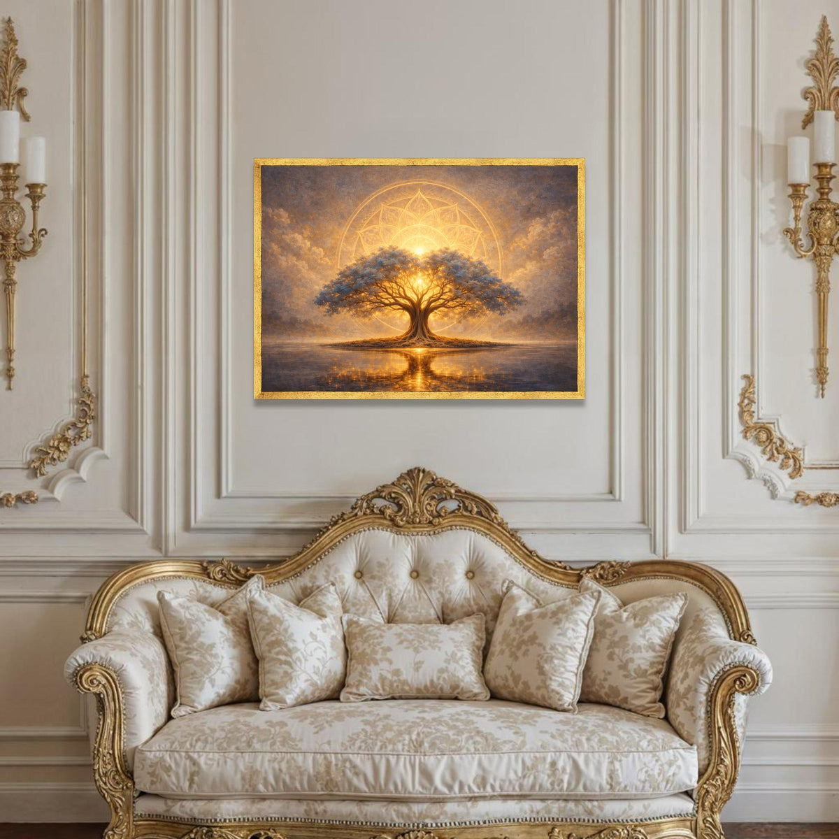Glowing Tree of Life Canvas, Spiritual Mandala Wall Art, Illuminated Nature Scene, Mystical Landscape Canvas, Meditation Luxury Home Decor
