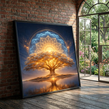 Illuminated Tree of Life Canvas, Spiritual Mandala Wall Art, Glowing Nature Canvas, Mystical Landscape Canvas, Reflective Luxury Home Decor