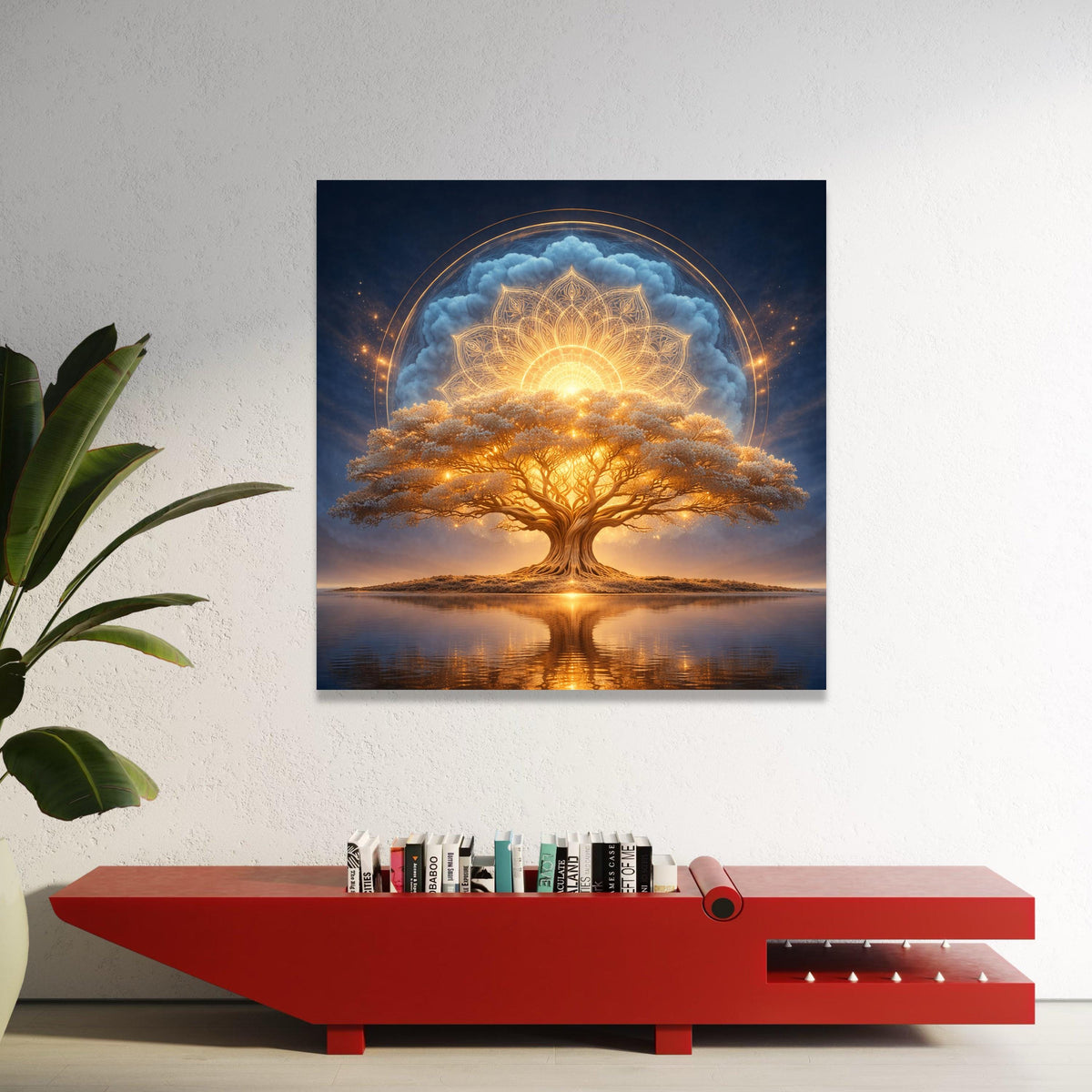 Illuminated Tree of Life Canvas, Spiritual Mandala Wall Art, Glowing Nature Canvas, Mystical Landscape Canvas, Reflective Luxury Home Decor