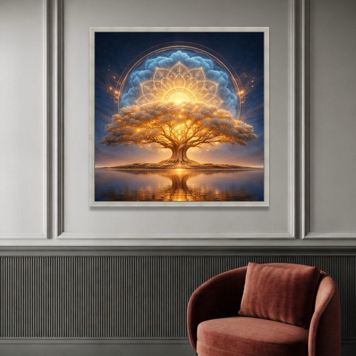 Illuminated Tree of Life Canvas, Spiritual Mandala Wall Art, Glowing Nature Canvas, Mystical Landscape Canvas, Reflective Luxury Home Decor