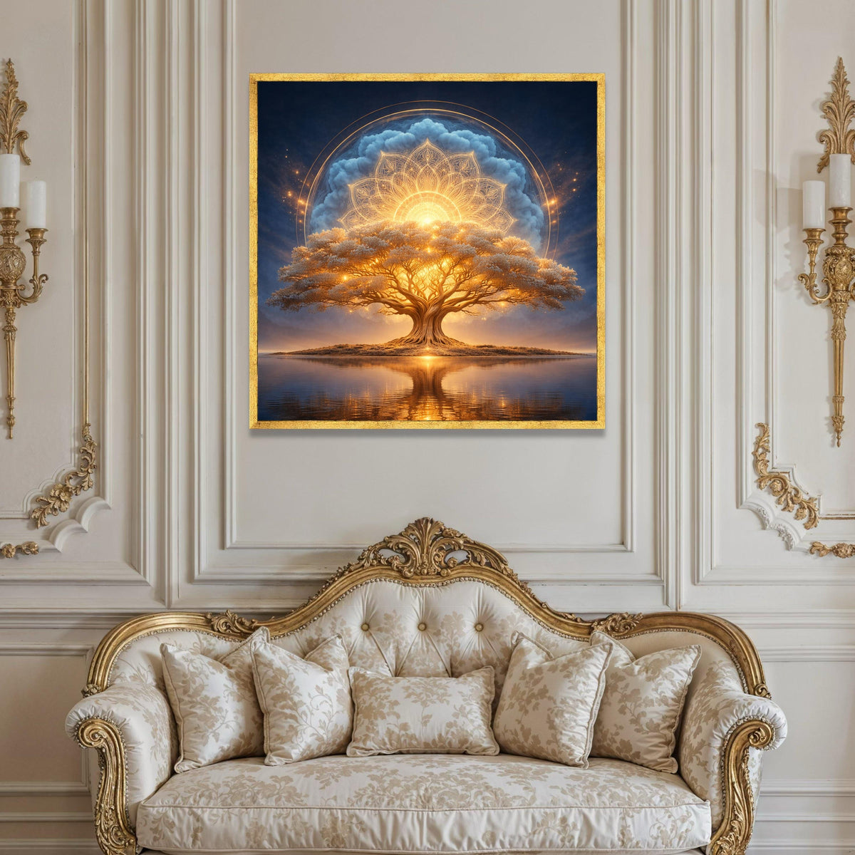 Illuminated Tree of Life Canvas, Spiritual Mandala Wall Art, Glowing Nature Canvas, Mystical Landscape Canvas, Reflective Luxury Home Decor