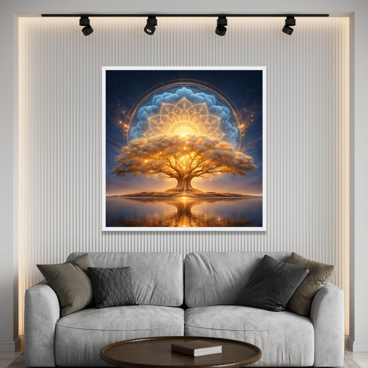 Illuminated Tree of Life Canvas, Spiritual Mandala Wall Art, Glowing Nature Canvas, Mystical Landscape Canvas, Reflective Luxury Home Decor