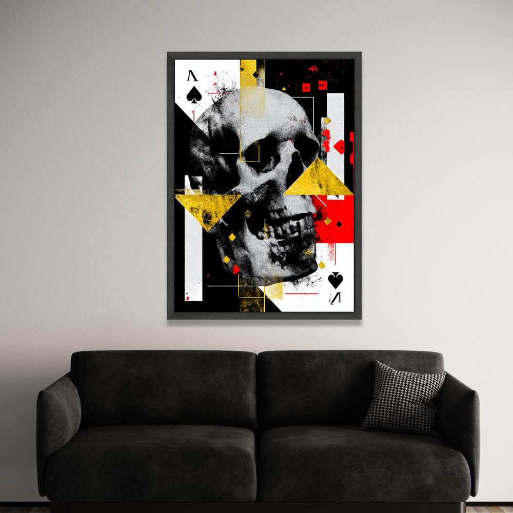 Abstract Skull Canvas Wall Art, Geometric Shapes Design, Playing Card Theme, Modern Home Decoration, Bold Red and Yellow Luxury Home Decor