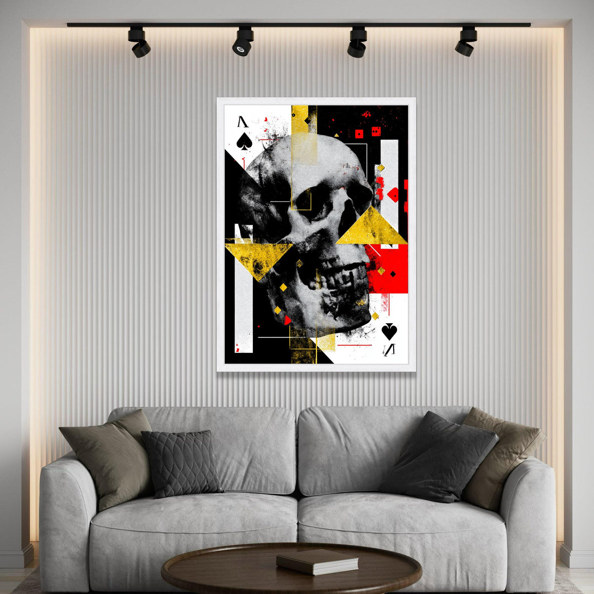 Abstract Skull Canvas Wall Art, Geometric Shapes Design, Playing Card Theme, Modern Home Decoration, Bold Red and Yellow Luxury Home Decor
