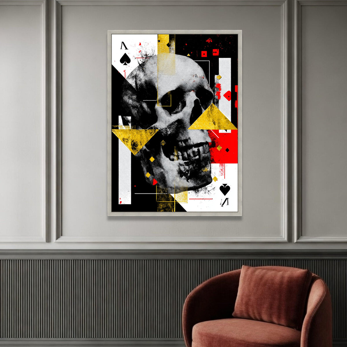 Abstract Skull Canvas Wall Art, Geometric Shapes Design, Playing Card Theme, Modern Home Decoration, Bold Red and Yellow Luxury Home Decor