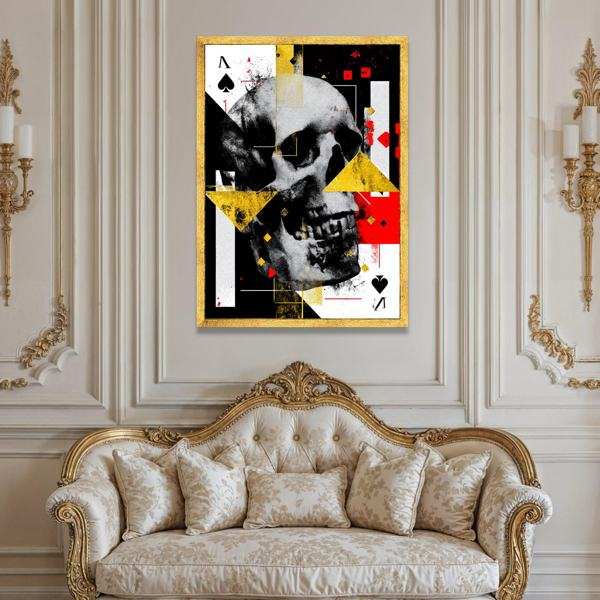 Abstract Skull Canvas Wall Art, Geometric Shapes Design, Playing Card Theme, Modern Home Decoration, Bold Red and Yellow Luxury Home Decor