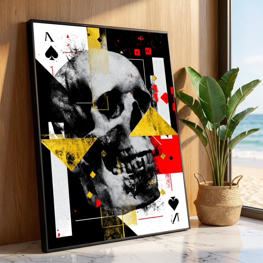 Abstract Skull Canvas Wall Art, Geometric Shapes Design, Playing Card Theme, Modern Home Decoration, Bold Red and Yellow Luxury Home Decor