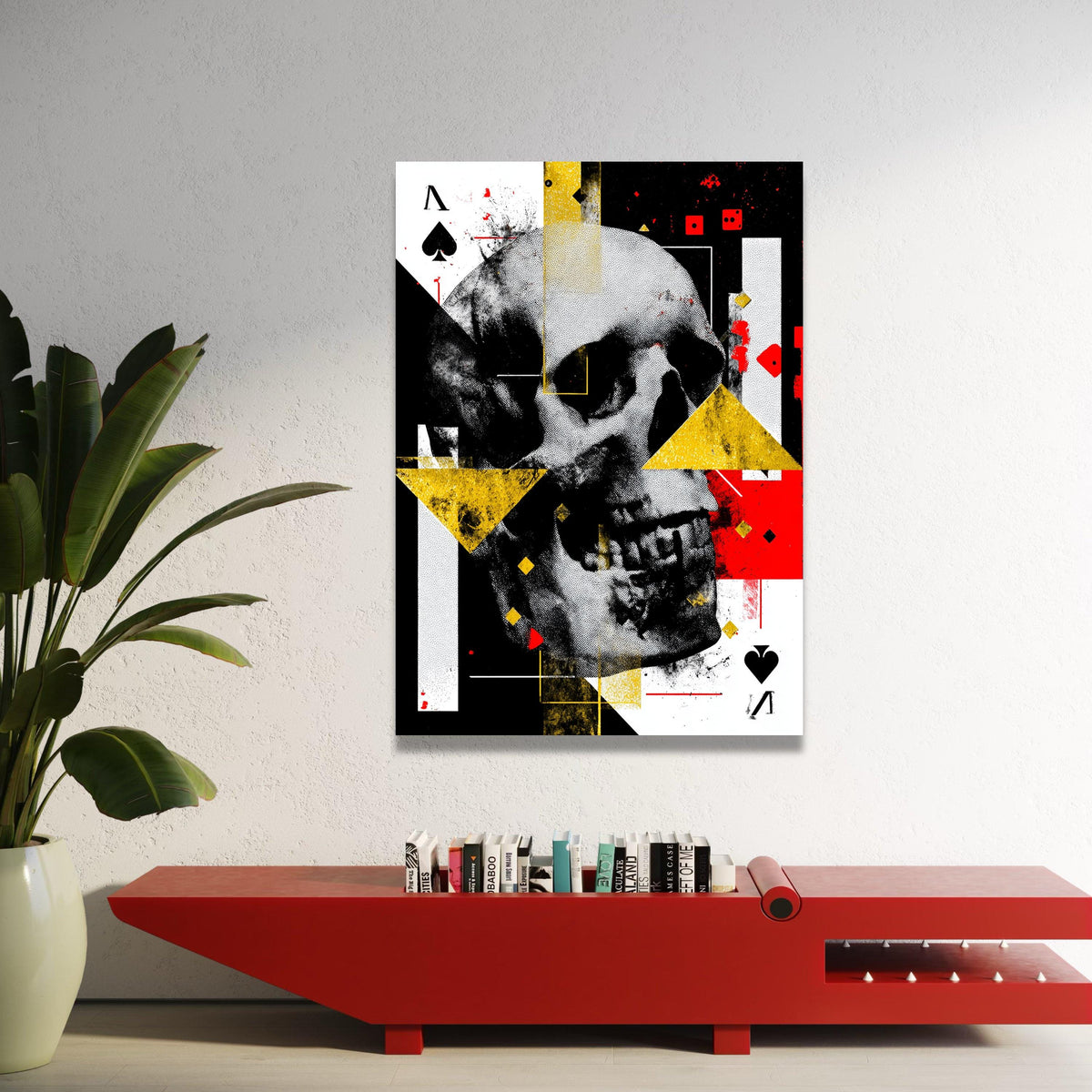 Abstract Skull Canvas Wall Art, Geometric Shapes Design, Playing Card Theme, Modern Home Decoration, Bold Red and Yellow Luxury Home Decor