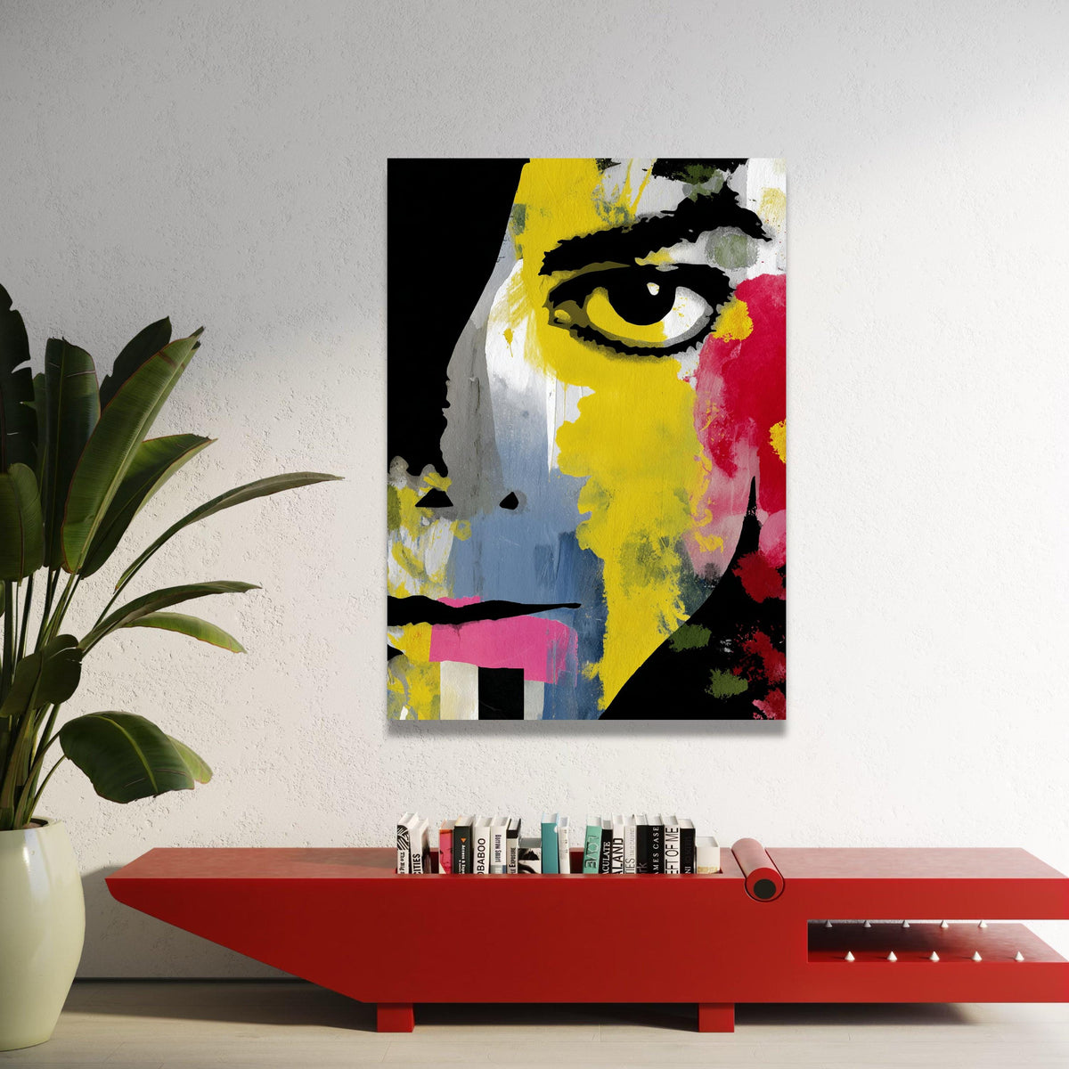 Bold Abstract Face Canvas, Colorful Modern Portrait Art, Contemporary Wall Decoration, Yellow Red Blue Canvas, Unique Home Luxury Home Decor