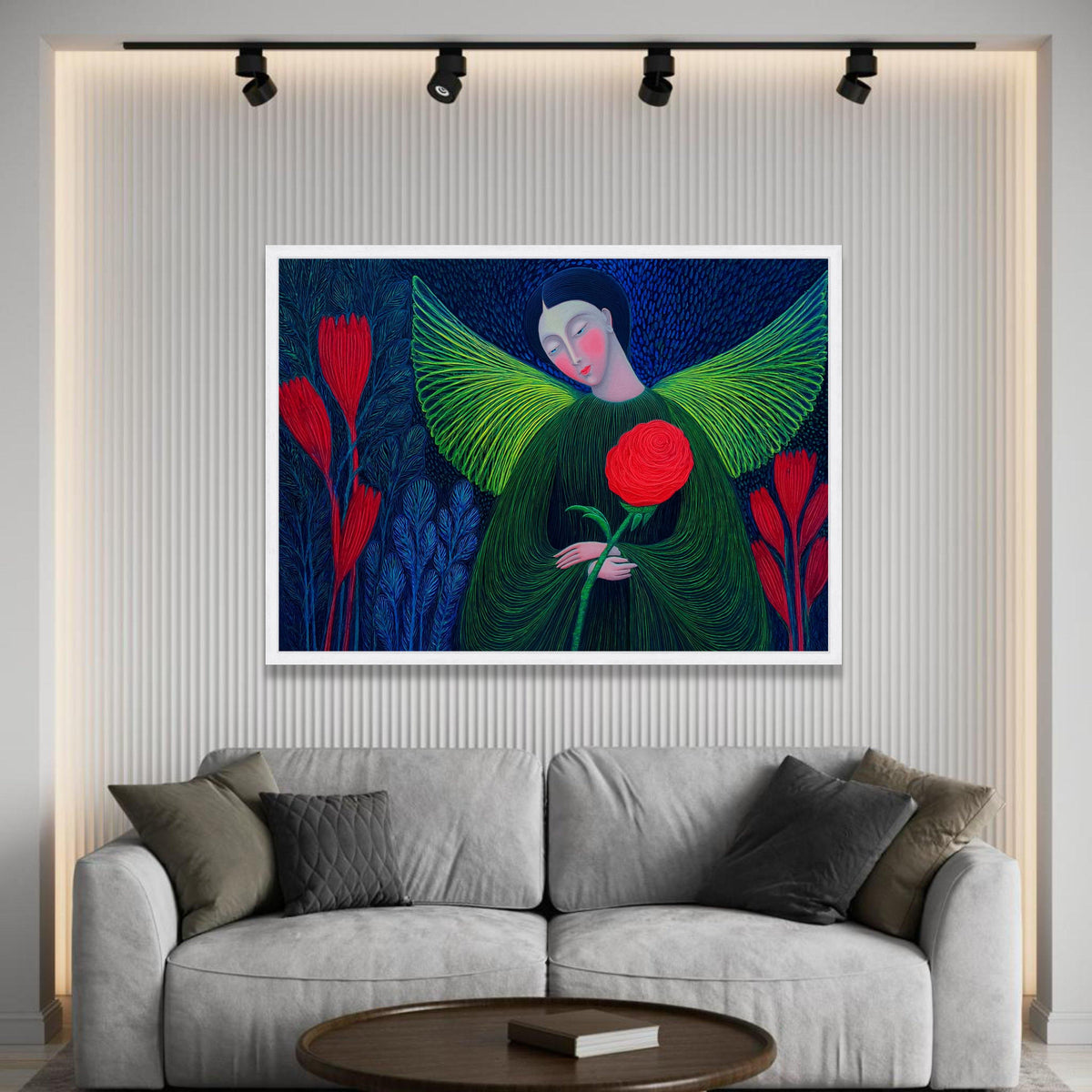 Dreamy Angel with Red Rose Canvas, Surreal Floral Wall Art, Green Wings Painting, Mystical Garden Canvas, Home Decoration Luxury Home Decor