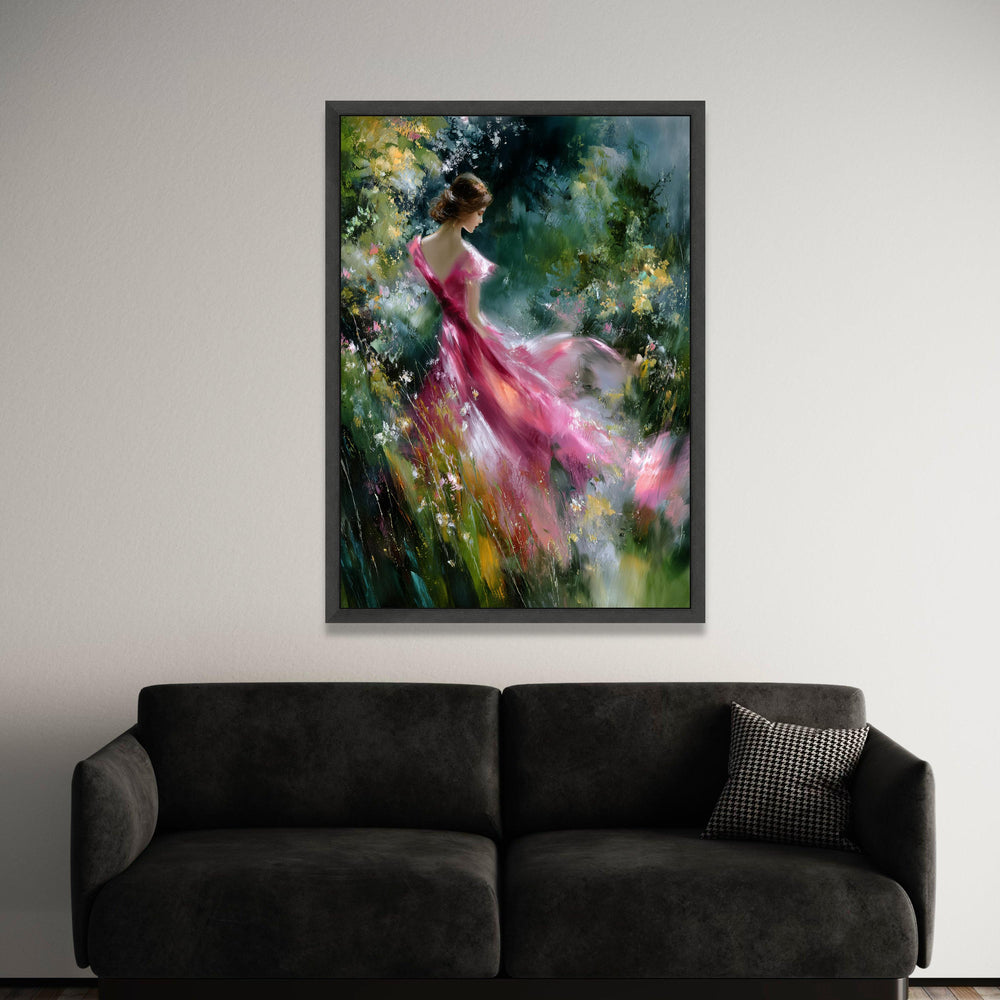 Elegant Woman Pink Dress Canvas, Floral Garden Scene, Romantic Figurative Wall Art, Moody Nature Background, Decorative Luxury Home Decor