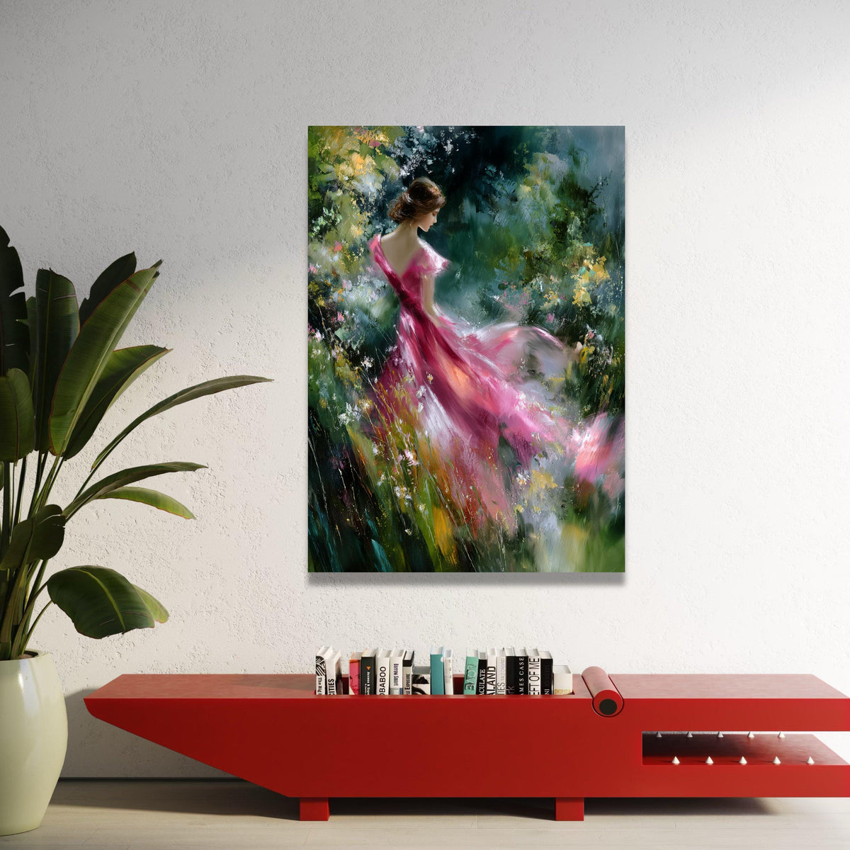 Elegant Woman Pink Dress Canvas, Floral Garden Scene, Romantic Figurative Wall Art, Moody Nature Background, Decorative Luxury Home Decor