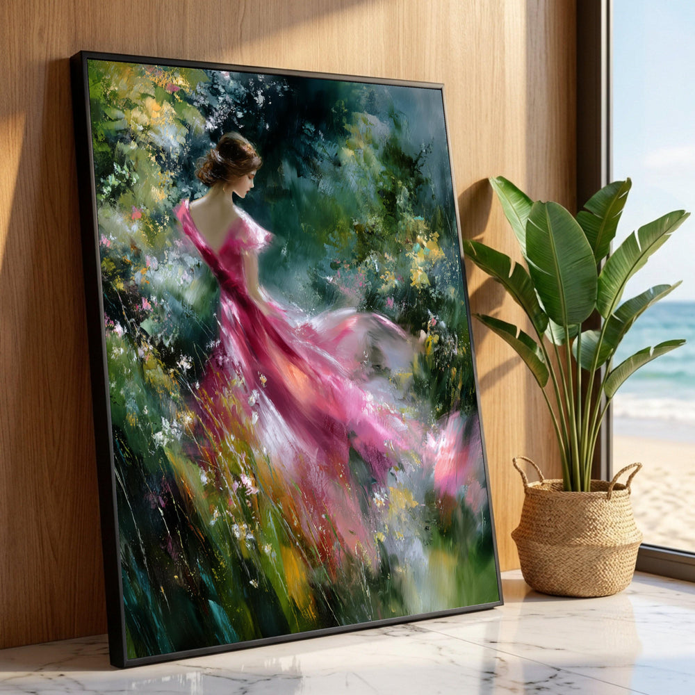 Elegant Woman Pink Dress Canvas, Floral Garden Scene, Romantic Figurative Wall Art, Moody Nature Background, Decorative Luxury Home Decor