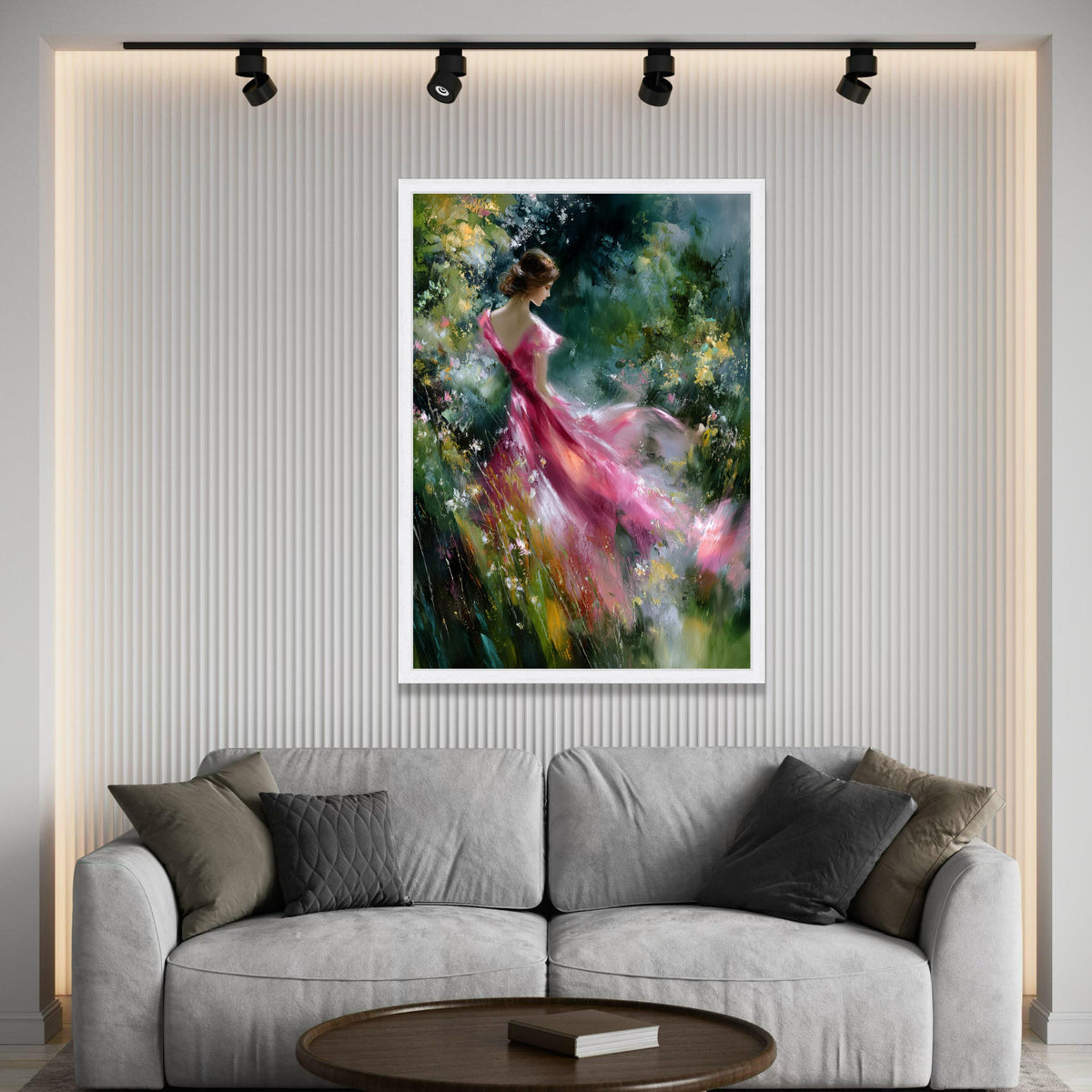 Elegant Woman Pink Dress Canvas, Floral Garden Scene, Romantic Figurative Wall Art, Moody Nature Background, Decorative Luxury Home Decor