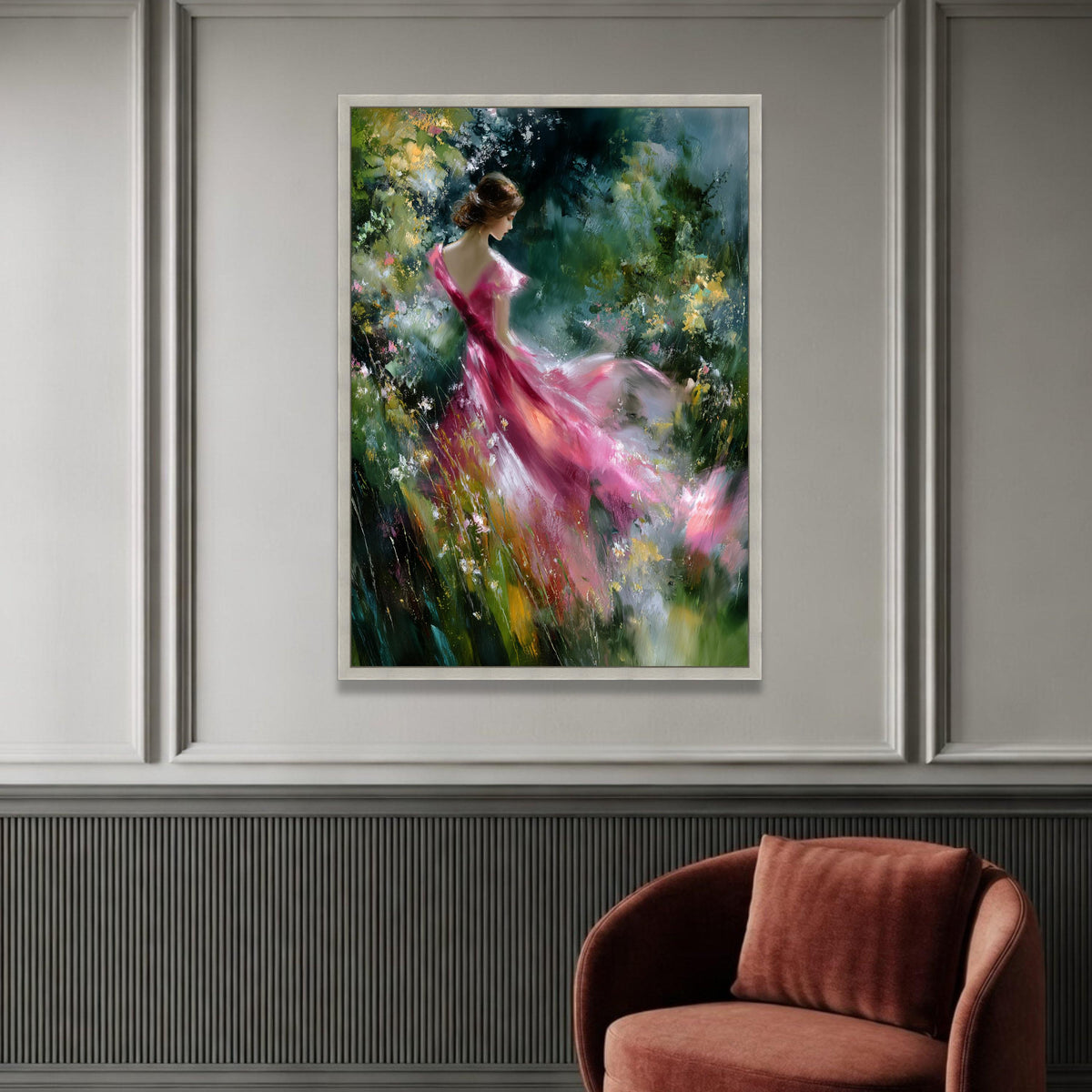 Elegant Woman Pink Dress Canvas, Floral Garden Scene, Romantic Figurative Wall Art, Moody Nature Background, Decorative Luxury Home Decor