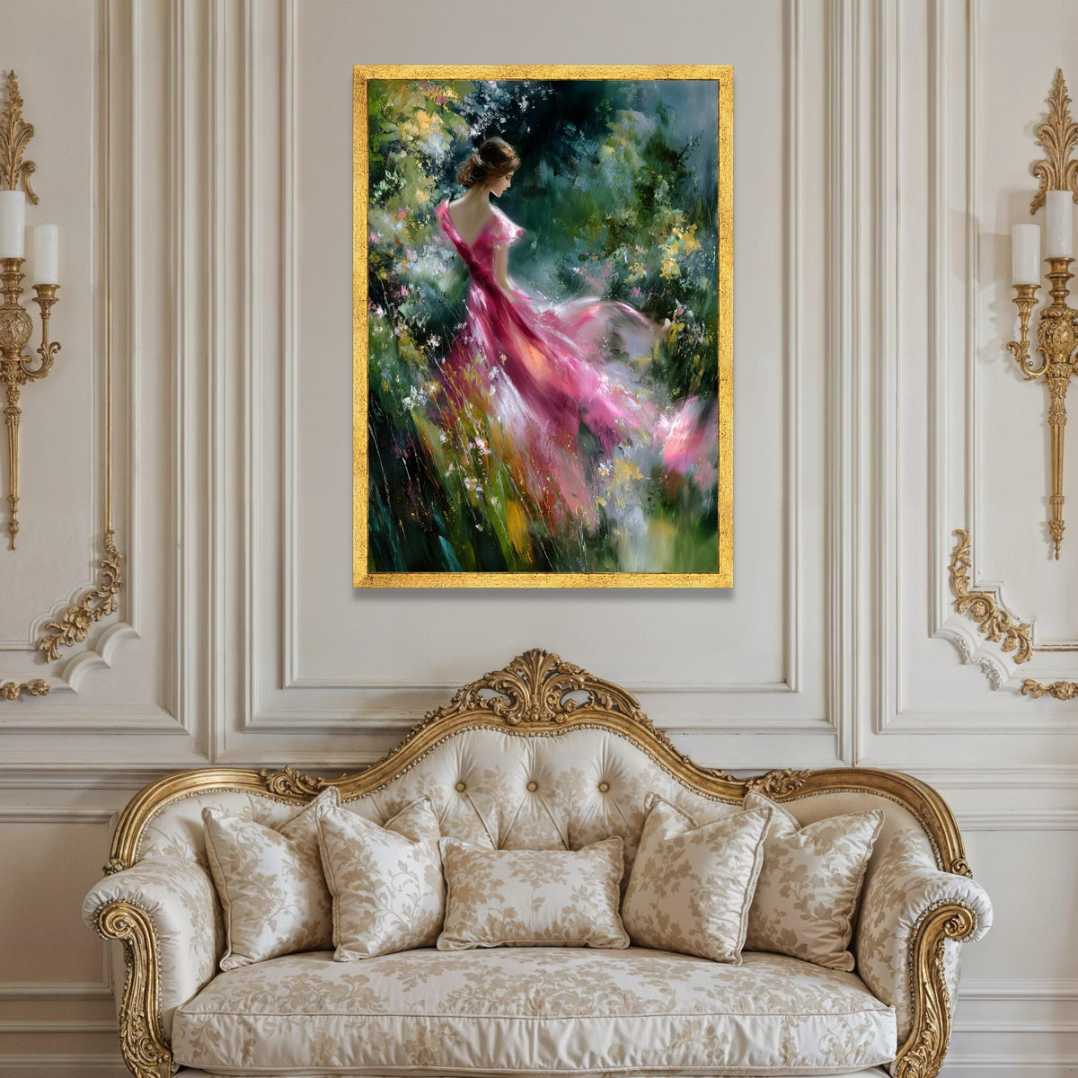 Elegant Woman Pink Dress Canvas, Floral Garden Scene, Romantic Figurative Wall Art, Moody Nature Background, Decorative Luxury Home Decor