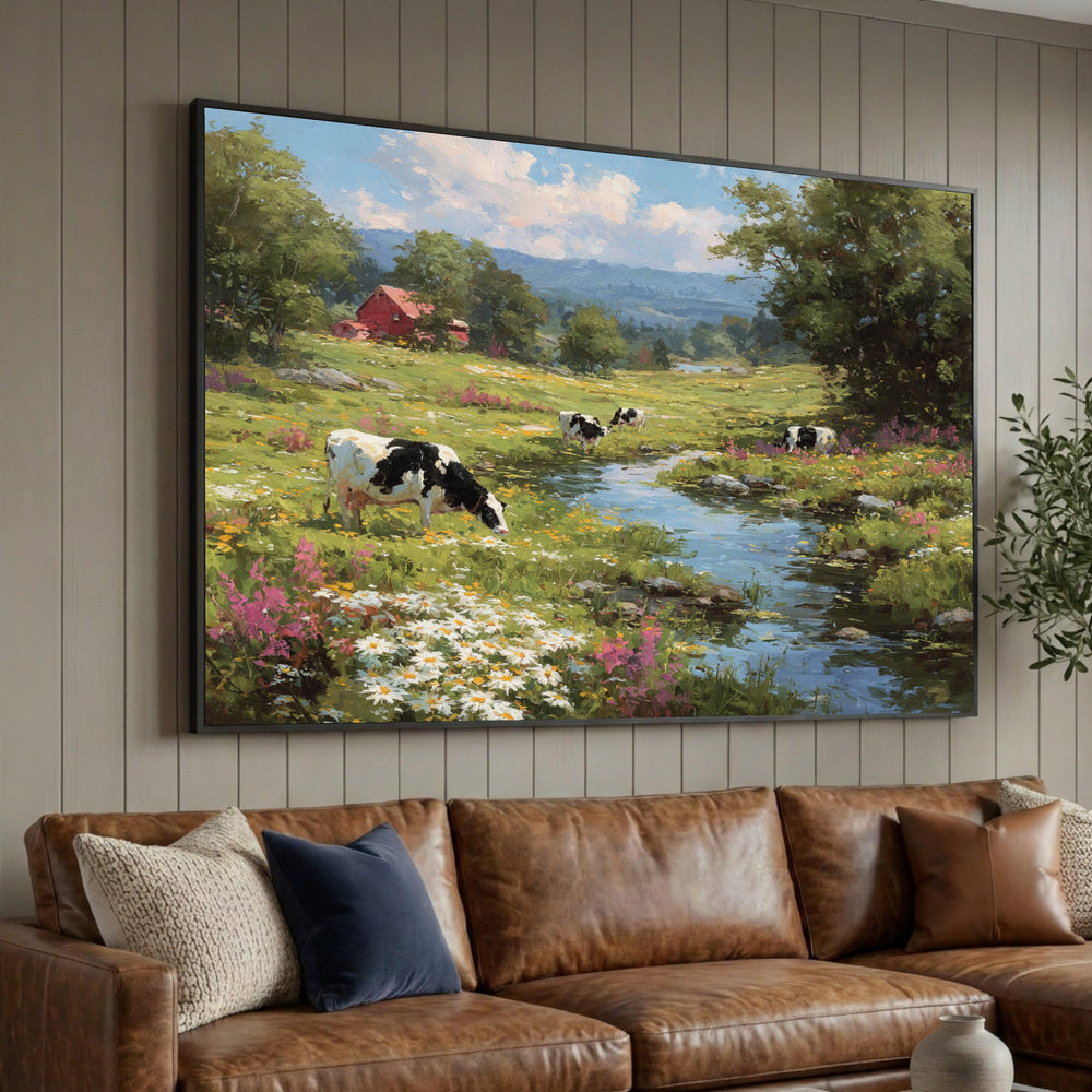 Peaceful Countryside Scene Canvas, Rural Farm Landscape, Cows by Stream Canvas, Floral Meadow Wall Art, Nature Canvas Luxury Home Decor