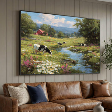 Peaceful Countryside Scene Canvas, Rural Farm Landscape, Cows by Stream Canvas, Floral Meadow Wall Art, Nature Canvas Luxury Home Decor