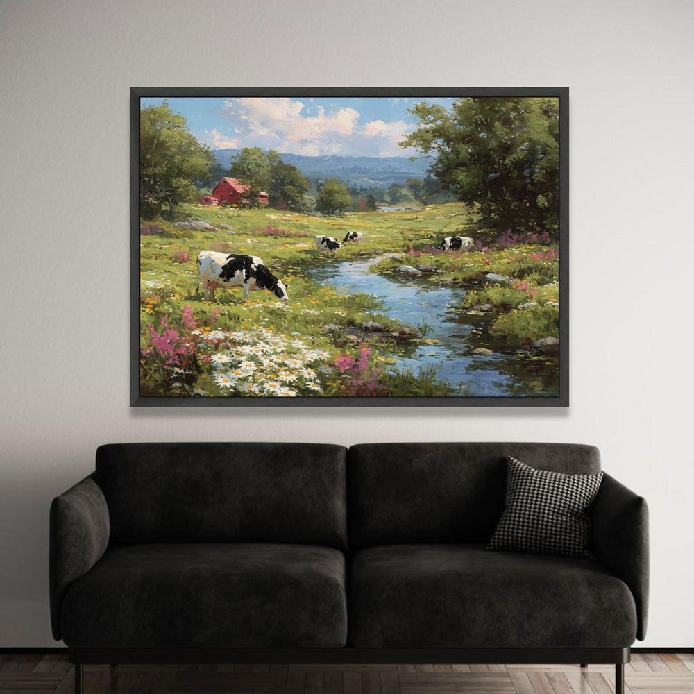 Peaceful Countryside Scene Canvas, Rural Farm Landscape, Cows by Stream Canvas, Floral Meadow Wall Art, Nature Canvas Luxury Home Decor