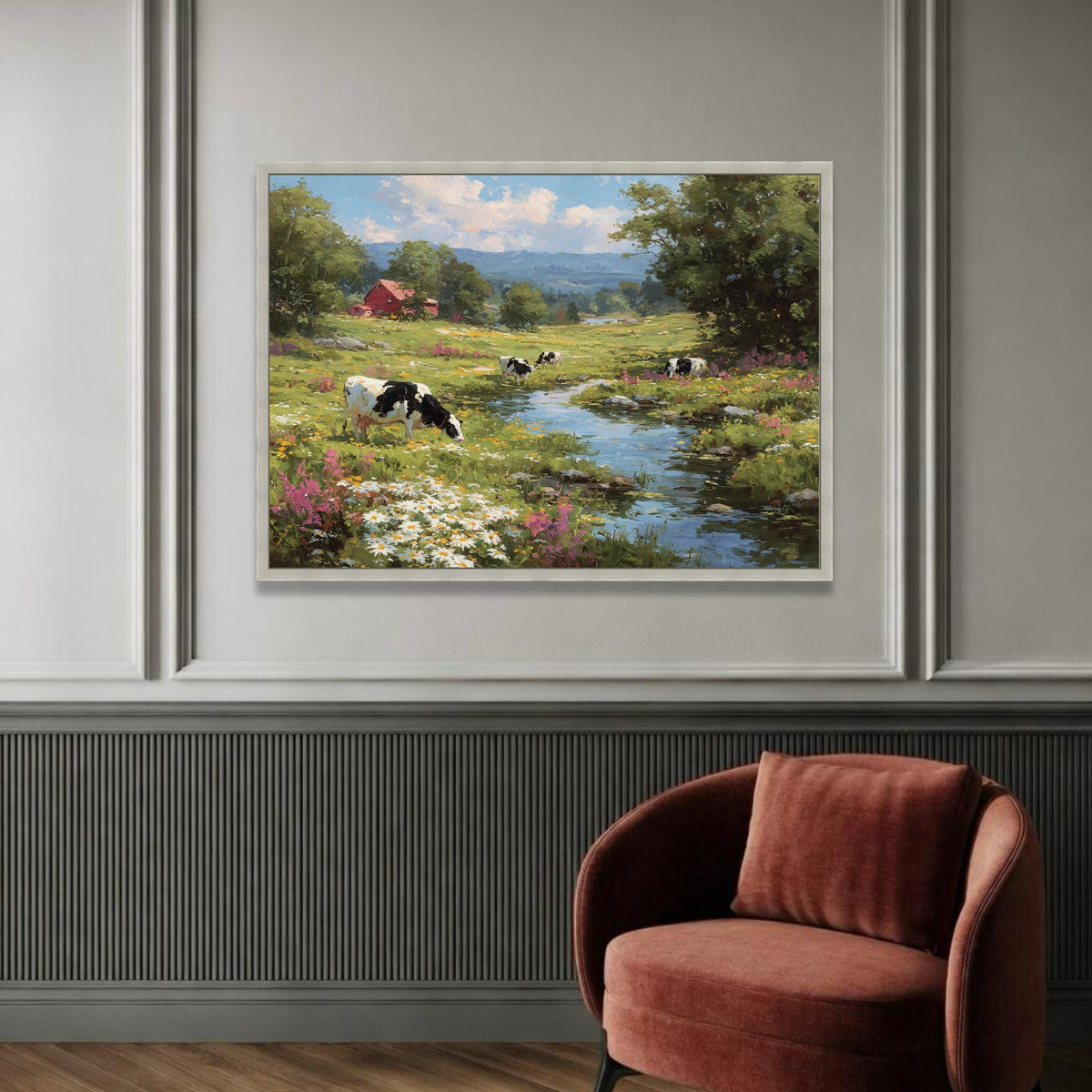 Peaceful Countryside Scene Canvas, Rural Farm Landscape, Cows by Stream Canvas, Floral Meadow Wall Art, Nature Canvas Luxury Home Decor