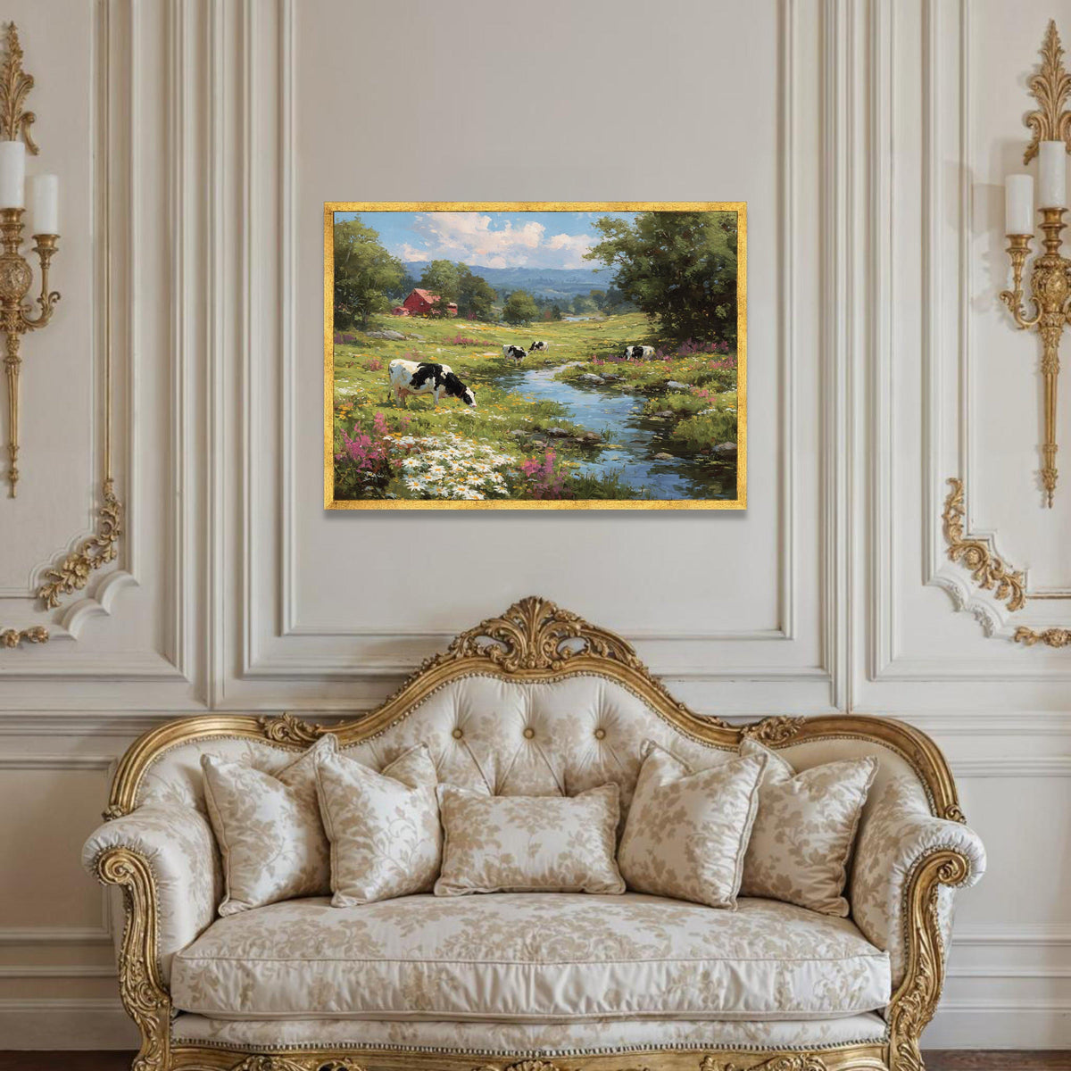 Peaceful Countryside Scene Canvas, Rural Farm Landscape, Cows by Stream Canvas, Floral Meadow Wall Art, Nature Canvas Luxury Home Decor