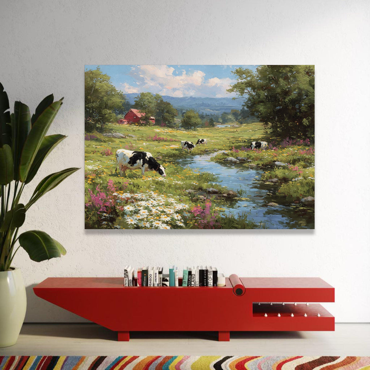 Peaceful Countryside Scene Canvas, Rural Farm Landscape, Cows by Stream Canvas, Floral Meadow Wall Art, Nature Canvas Luxury Home Decor