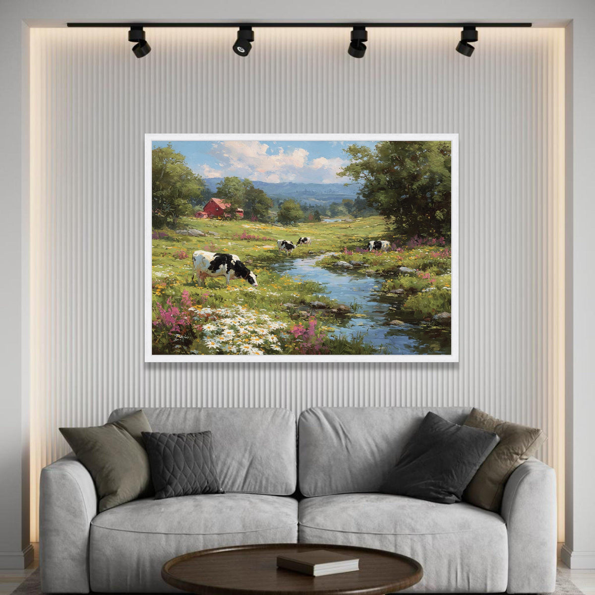 Peaceful Countryside Scene Canvas, Rural Farm Landscape, Cows by Stream Canvas, Floral Meadow Wall Art, Nature Canvas Luxury Home Decor
