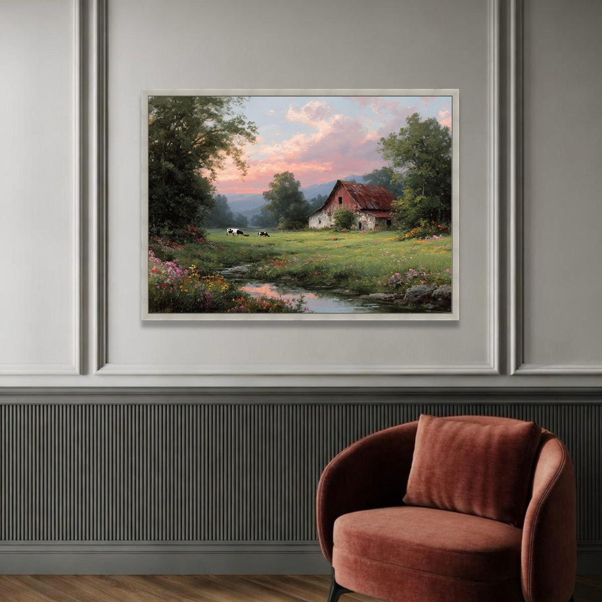 Rustic Barn Landscape Canvas, Country Meadow Wall Art, Pastoral Scene Canvas, Farmhouse Decor, Tranquil Sunset Canvas Luxury Home Decor
