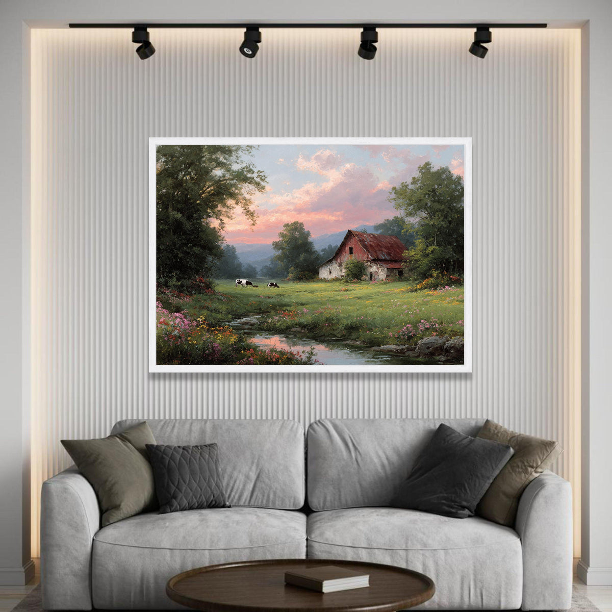 Rustic Barn Landscape Canvas, Country Meadow Wall Art, Pastoral Scene Canvas, Farmhouse Decor, Tranquil Sunset Canvas Luxury Home Decor