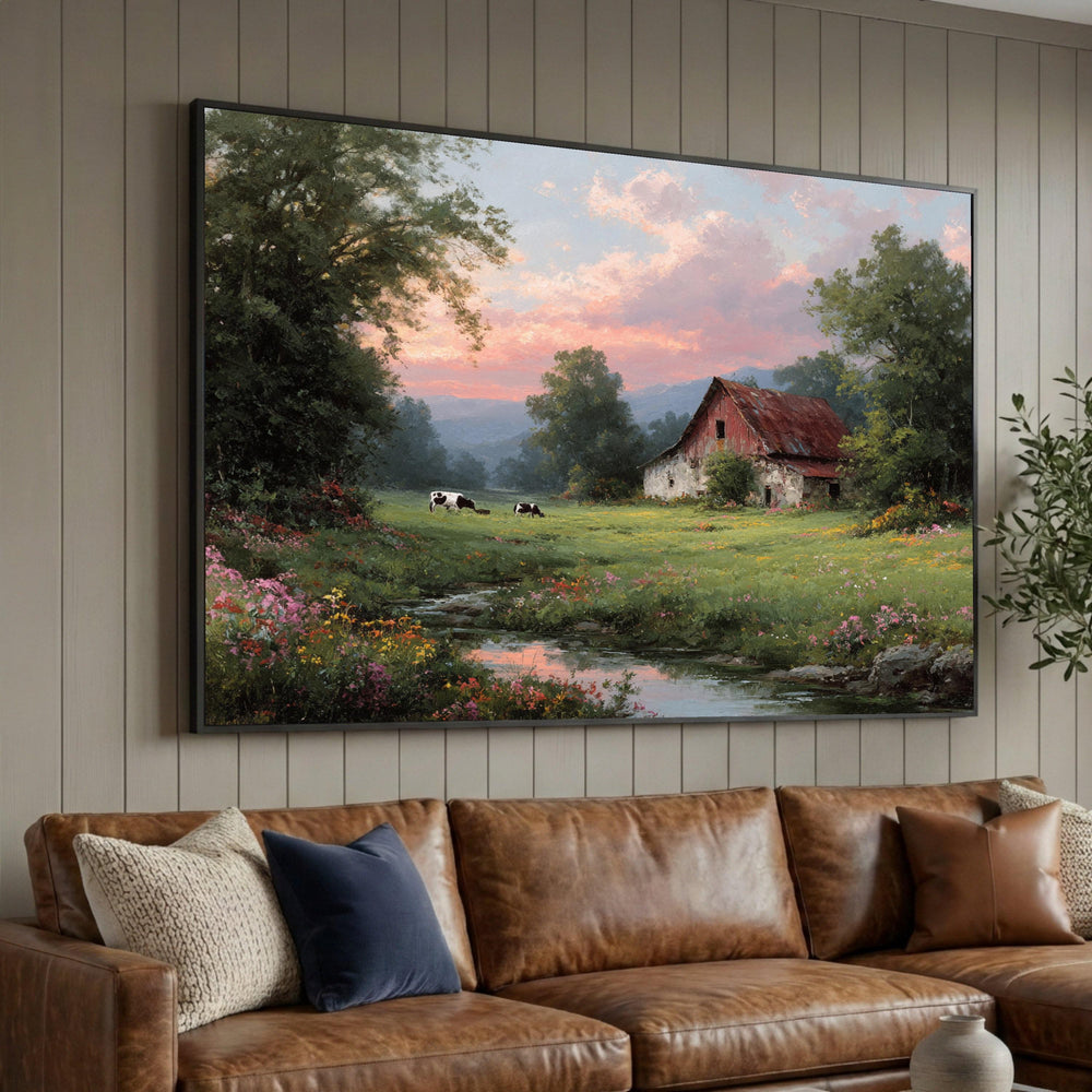 Rustic Barn Landscape Canvas, Country Meadow Wall Art, Pastoral Scene Canvas, Farmhouse Decor, Tranquil Sunset Canvas Luxury Home Decor