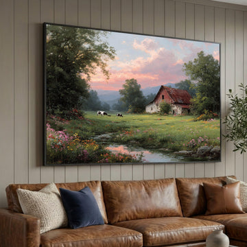 Rustic Barn Landscape Canvas, Country Meadow Wall Art, Pastoral Scene Canvas, Farmhouse Decor, Tranquil Sunset Canvas Luxury Home Decor