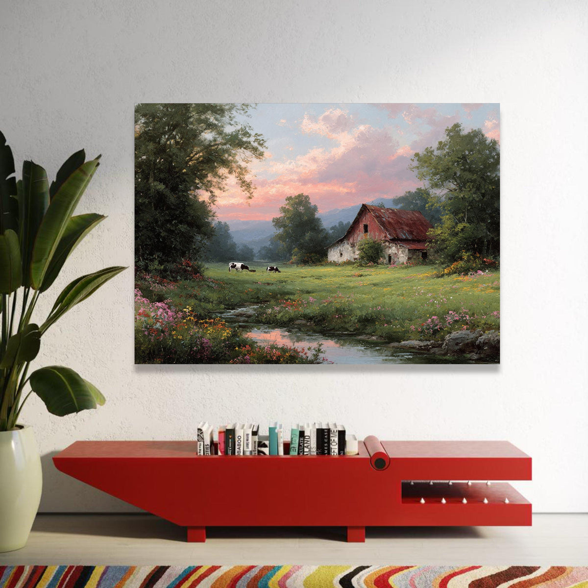 Rustic Barn Landscape Canvas, Country Meadow Wall Art, Pastoral Scene Canvas, Farmhouse Decor, Tranquil Sunset Canvas Luxury Home Decor