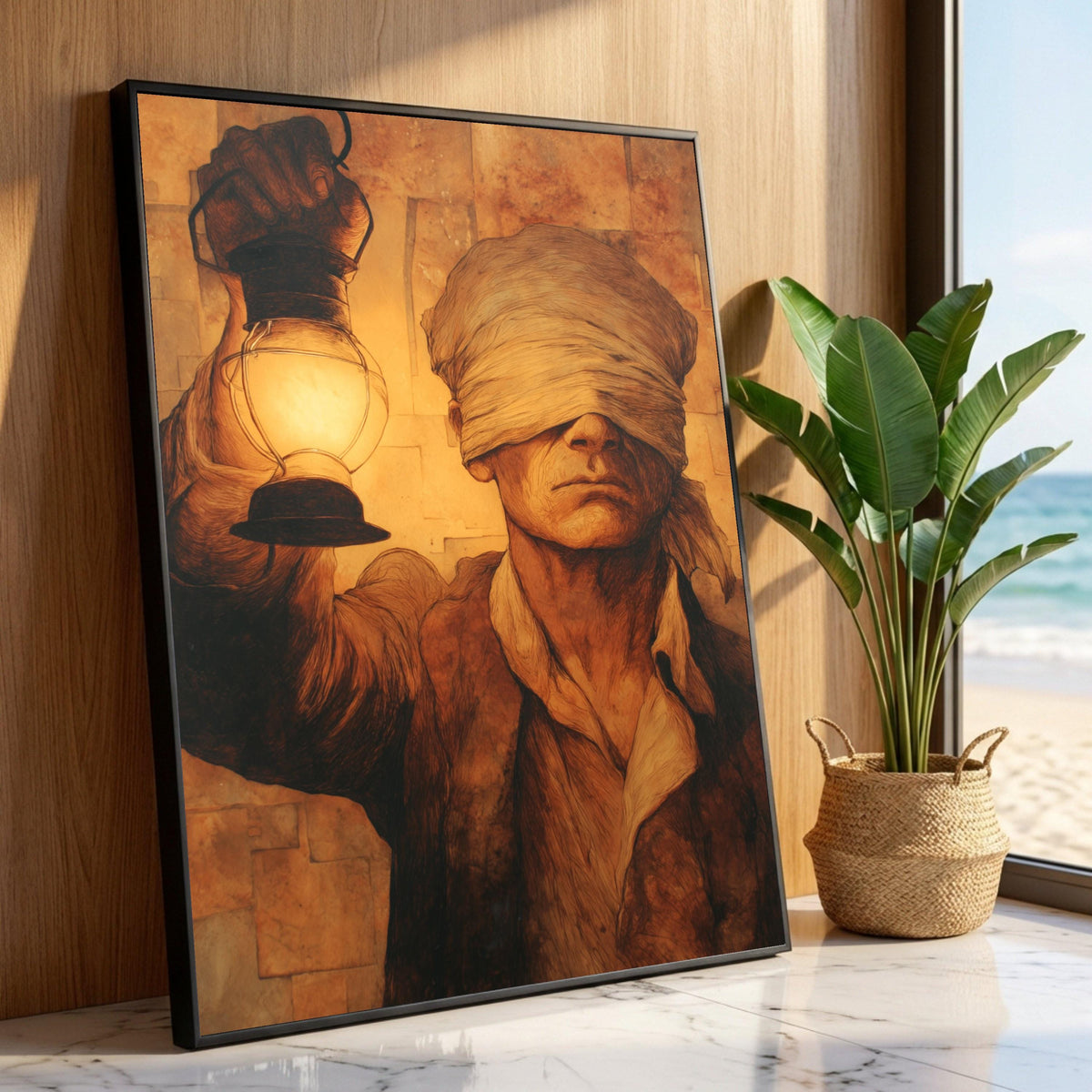 Blindfolded Man Holding Lantern Canvas, Vintage Style Wall Art, Mysterious Portrait Painting, Warm Sepia Tones Decoration Luxury Home Decor