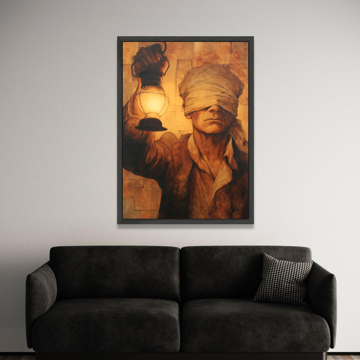 Blindfolded Man Holding Lantern Canvas, Vintage Style Wall Art, Mysterious Portrait Painting, Warm Sepia Tones Decoration Luxury Home Decor
