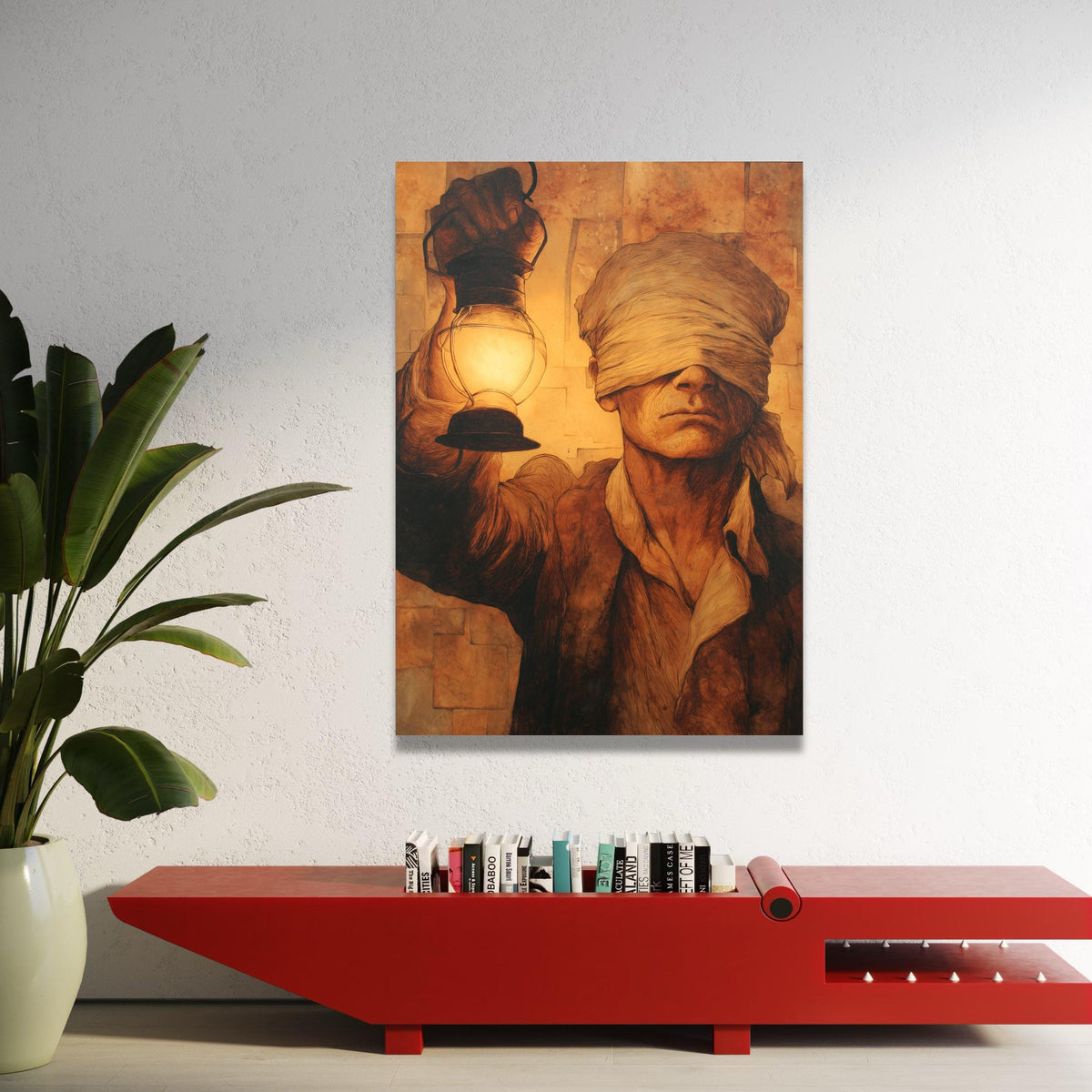Blindfolded Man Holding Lantern Canvas, Vintage Style Wall Art, Mysterious Portrait Painting, Warm Sepia Tones Decoration Luxury Home Decor