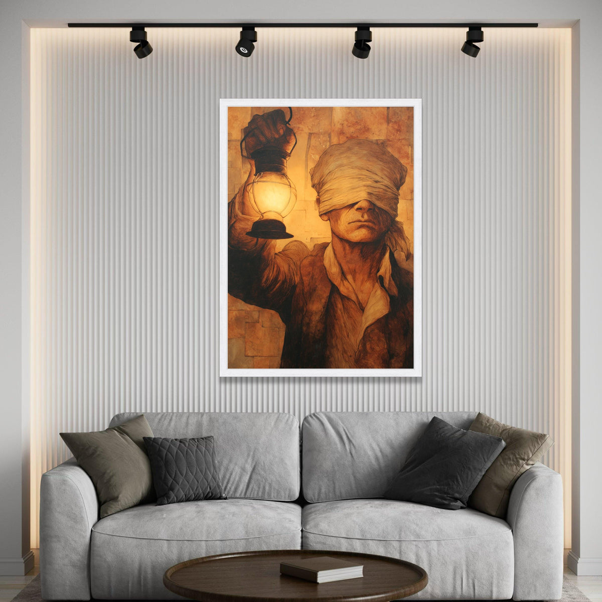 Blindfolded Man Holding Lantern Canvas, Vintage Style Wall Art, Mysterious Portrait Painting, Warm Sepia Tones Decoration Luxury Home Decor