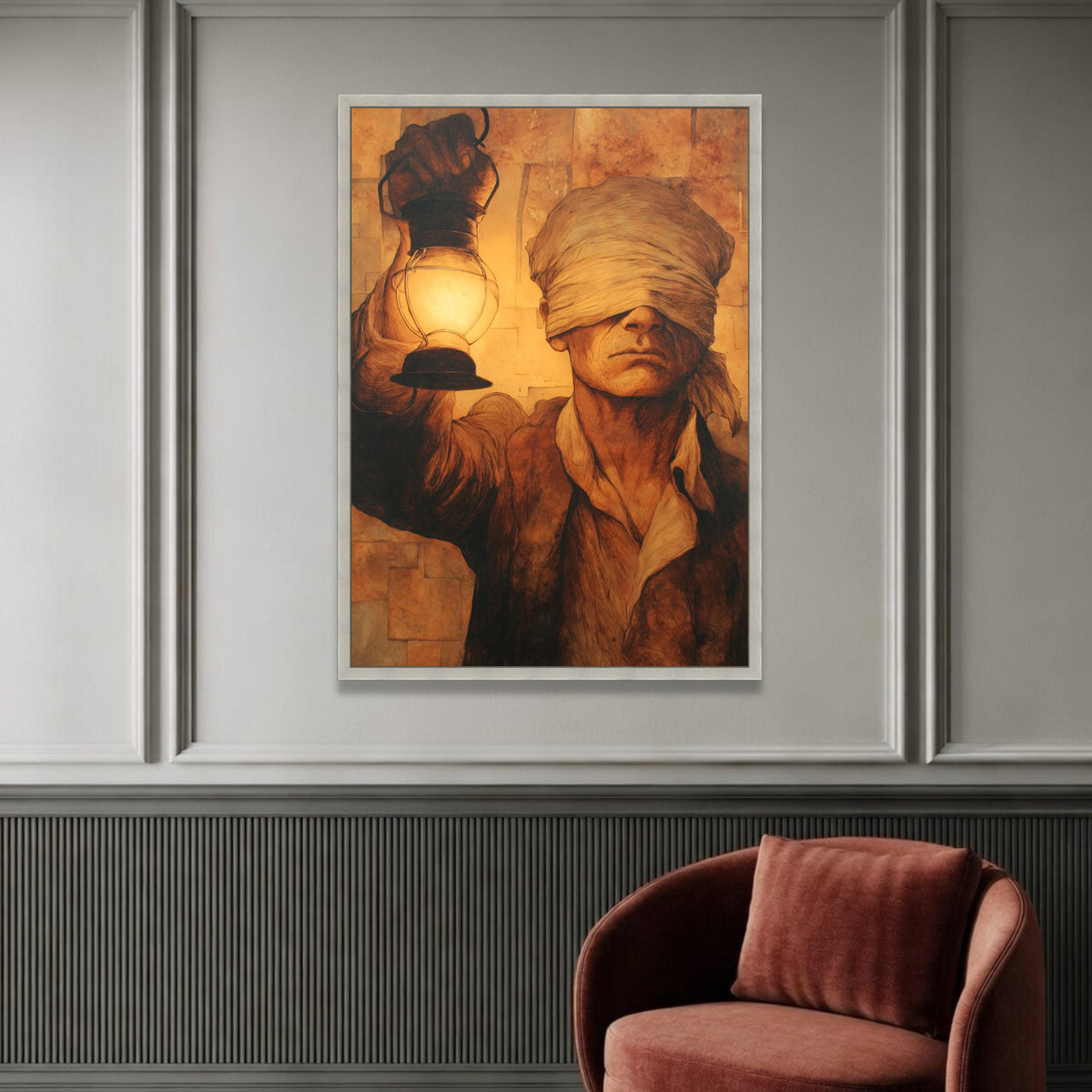 Blindfolded Man Holding Lantern Canvas, Vintage Style Wall Art, Mysterious Portrait Painting, Warm Sepia Tones Decoration Luxury Home Decor