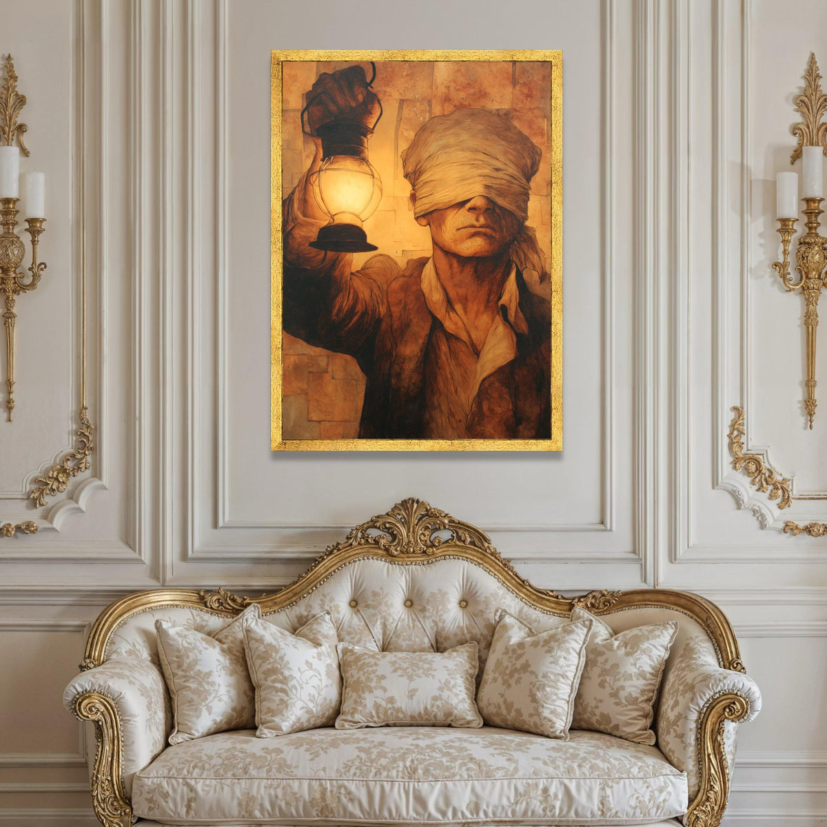 Blindfolded Man Holding Lantern Canvas, Vintage Style Wall Art, Mysterious Portrait Painting, Warm Sepia Tones Decoration Luxury Home Decor