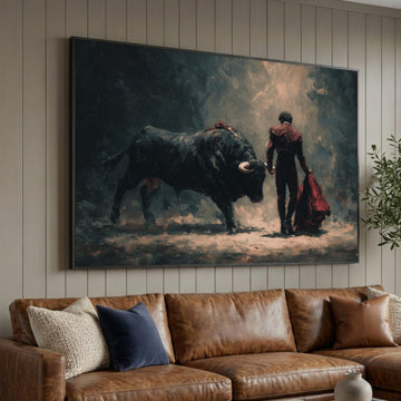 Bullfighter with Red Cape Canvas, Dramatic Bullfighting Scene, Spanish Matador Wall Art, Dark Abstract Canvas, Bold Home Luxury Home Decor