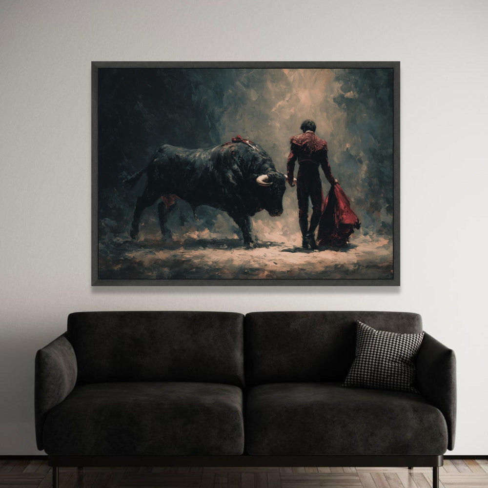 Bullfighter with Red Cape Canvas, Dramatic Bullfighting Scene, Spanish Matador Wall Art, Dark Abstract Canvas, Bold Home Luxury Home Decor