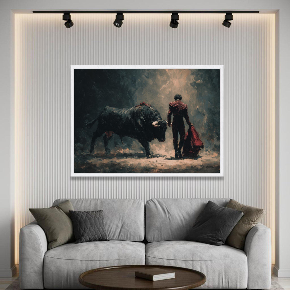 Bullfighter with Red Cape Canvas, Dramatic Bullfighting Scene, Spanish Matador Wall Art, Dark Abstract Canvas, Bold Home Luxury Home Decor